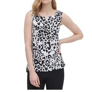NWT. Calvin Klein Women's Black Printed Sleeveless Jewel Neck Top Gray